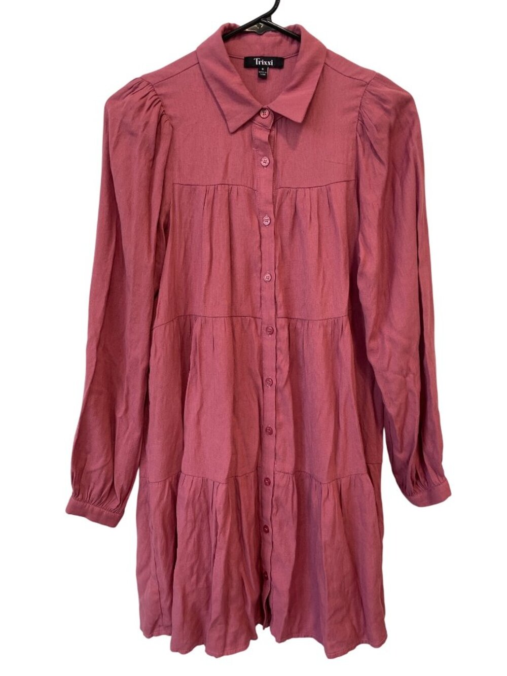 Trixxi Tiered Dress Small Button Up Collared Long Sleeve Rose Pink Prairie Chic